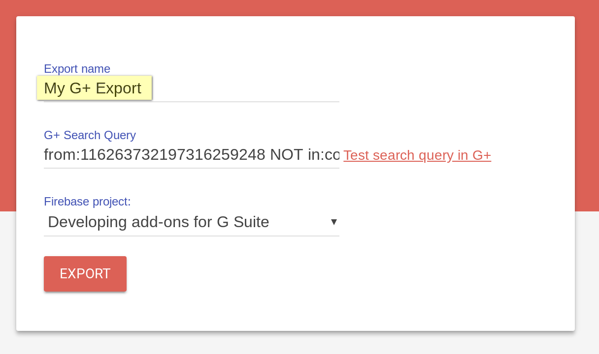 Настройка веб-приложение Google+ Exports
