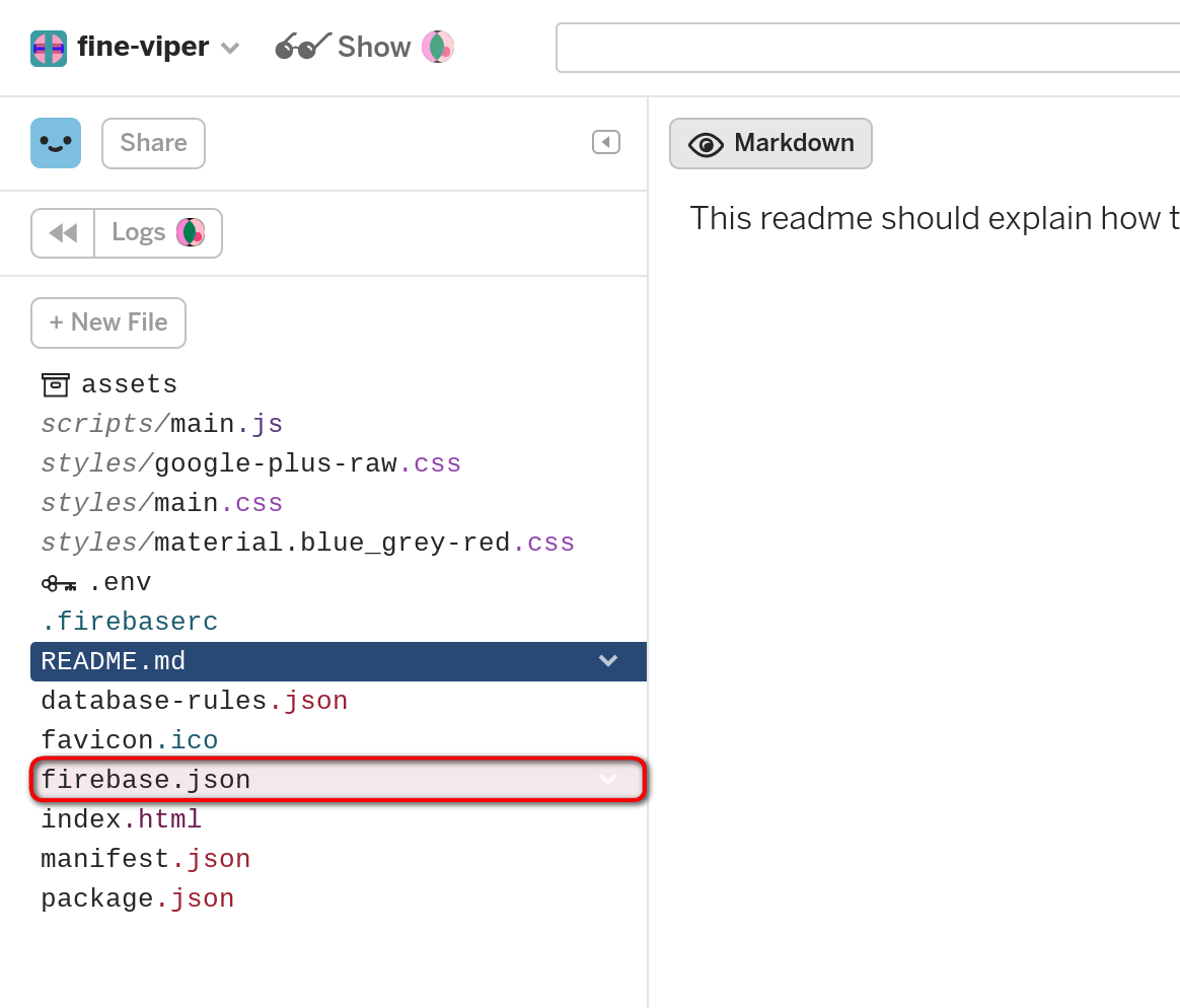 firebase.json в списке файлов glitch