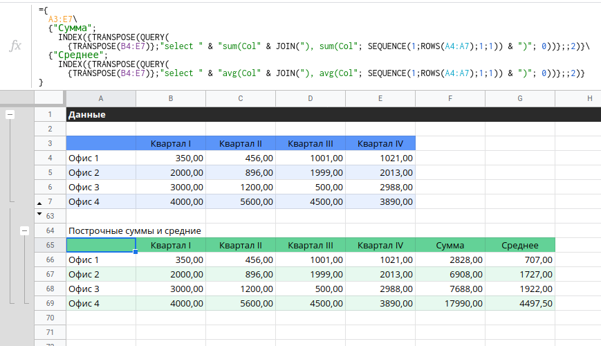 Google QUERY построчные средние и суммы