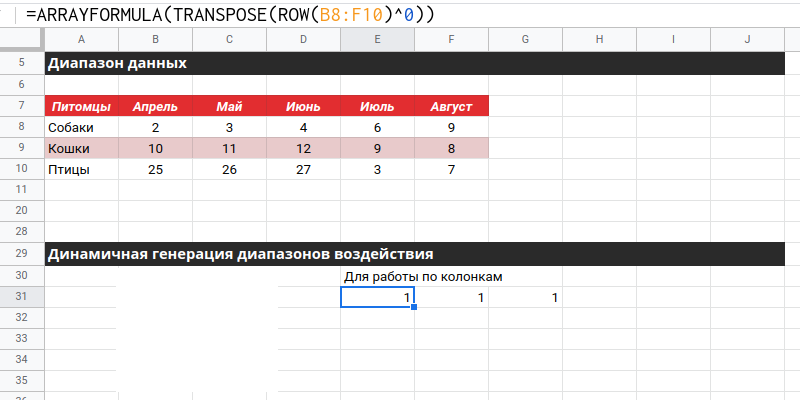 TRANSPOSE транспонирование строк единиц